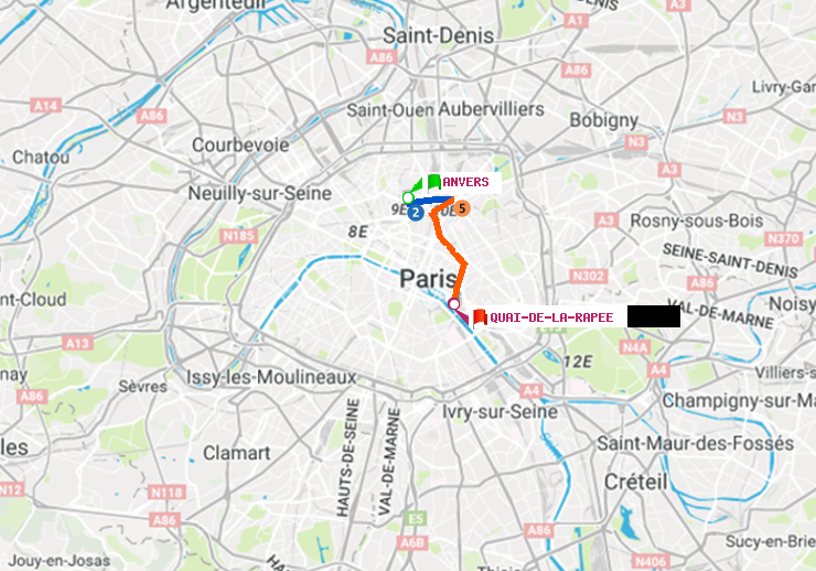 plan itinéraire ratp de Anvers à Quai de la Rapée