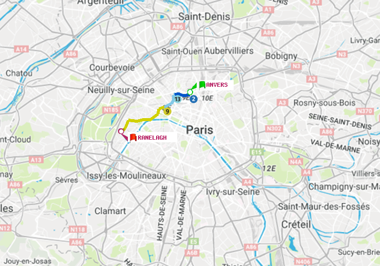 plan itinéraire ratp de Anvers à Ranelagh