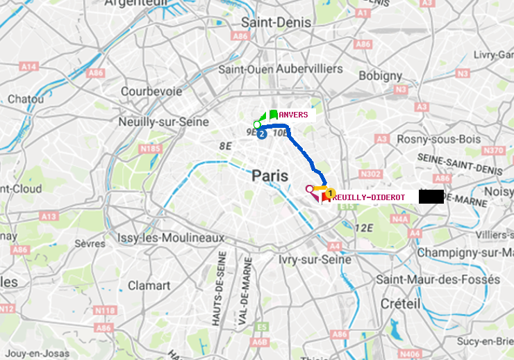 plan itinéraire ratp de Anvers à Reuilly-Diderot