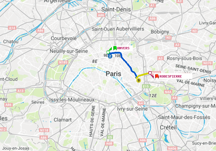 plan itinéraire ratp de Anvers à Robespierre