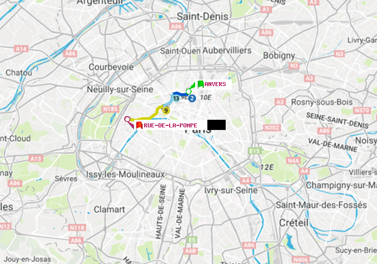 plan itinéraire ratp de Anvers à Rue de la Pompe (Avenue Georges Mandel)