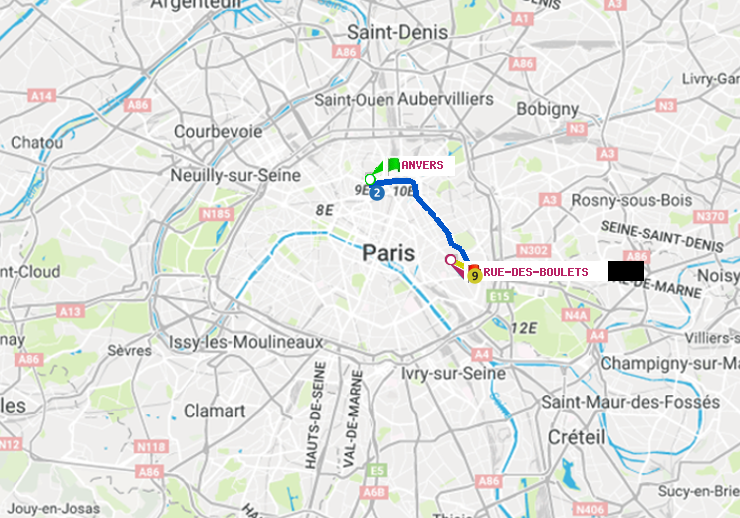plan itinéraire ratp de Anvers à Rue des Boulets