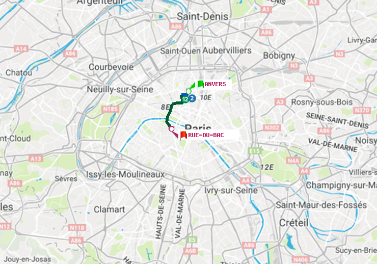 plan itinéraire ratp de Anvers à Rue du Bac