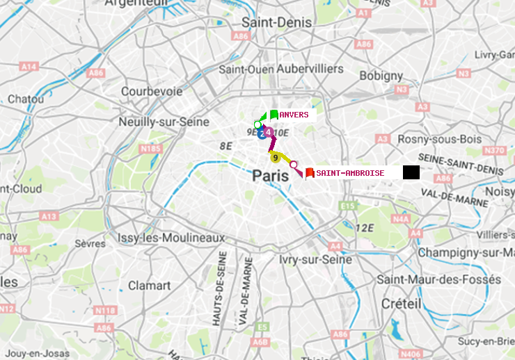 plan itinéraire ratp de Anvers à Saint-Ambroise