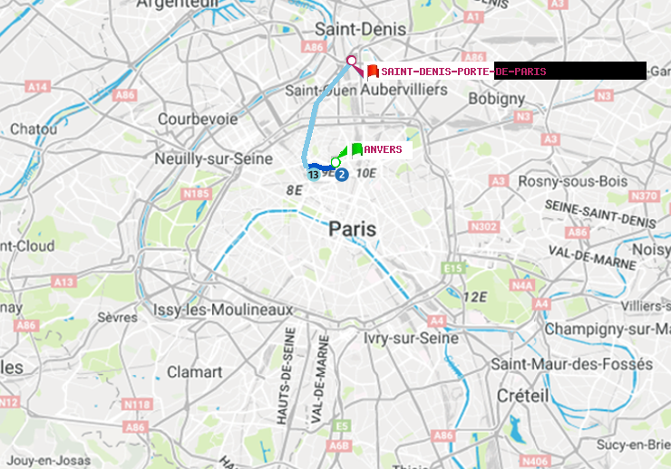 plan itinéraire ratp de Anvers à Saint-Denis-Porte de Paris