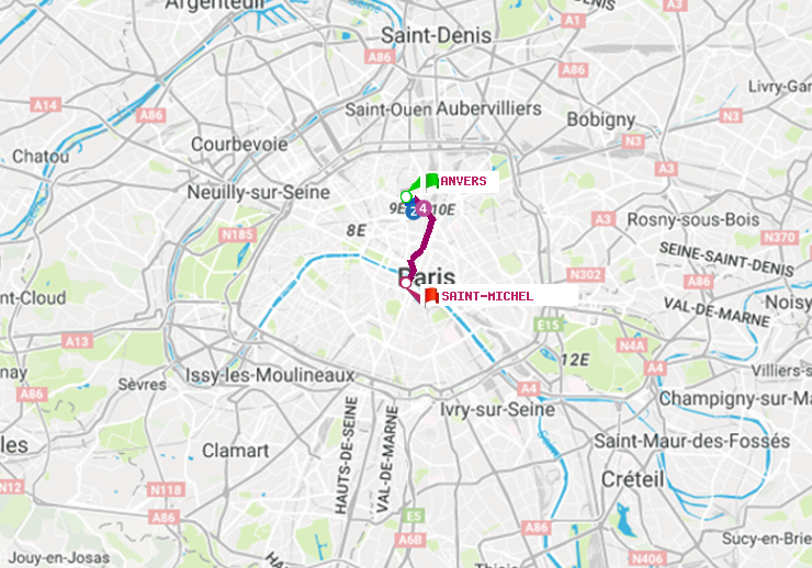 plan itinéraire ratp de Anvers à Saint-Michel