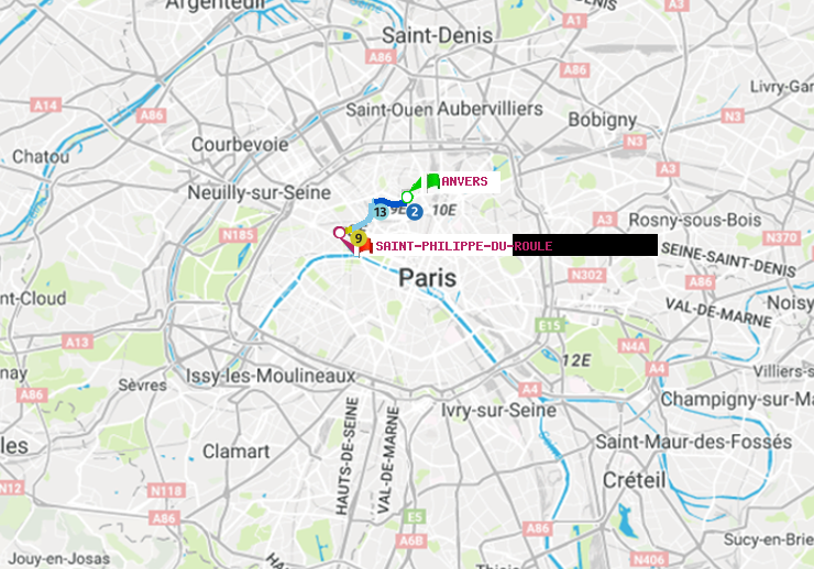 plan itinéraire ratp de Anvers à Saint-Philippe du Roule