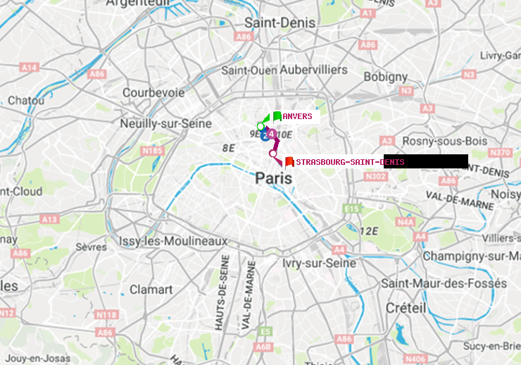 plan itinéraire ratp de Anvers à Strasbourg-Saint-Denis