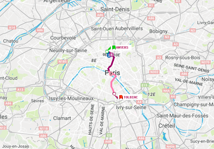 plan itinéraire ratp de Anvers à Tolbiac