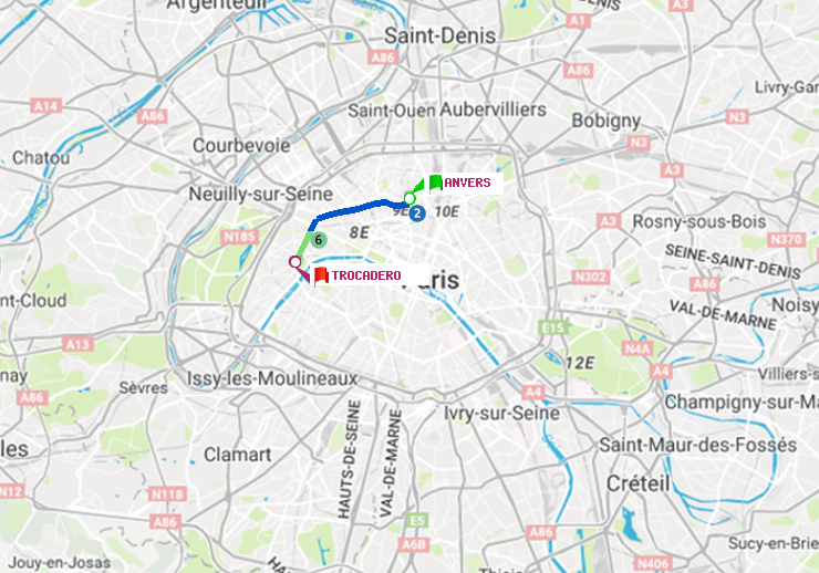 plan itinéraire ratp de Anvers à Trocadéro