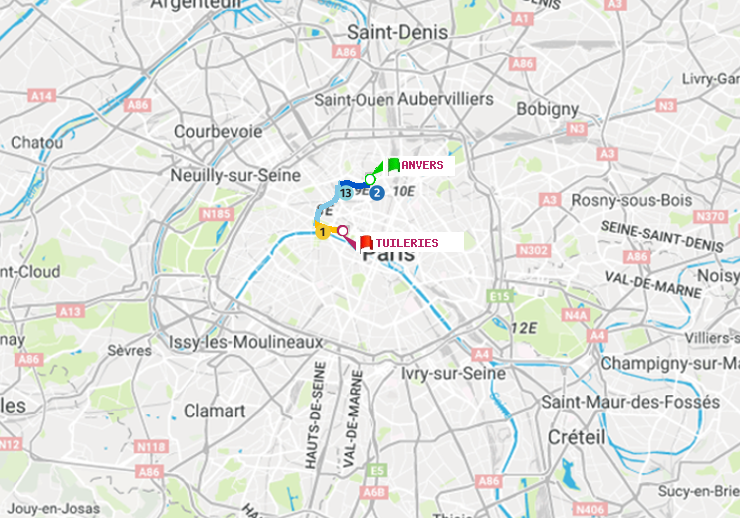 plan itinéraire ratp de Anvers à Tuileries