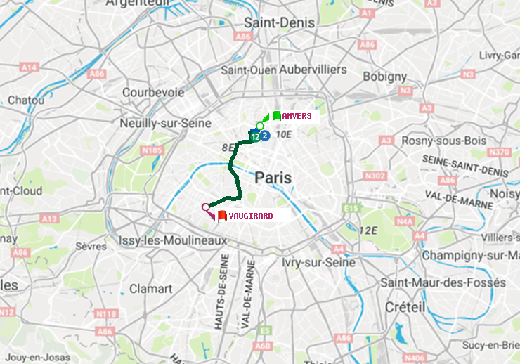 plan itinéraire ratp de Anvers à Vaugirard (Adolphe Chérioux)