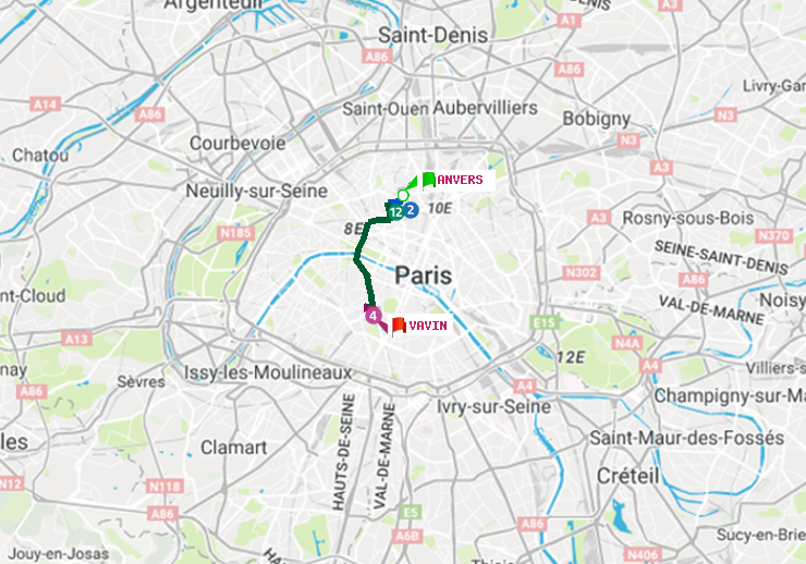 plan itinéraire ratp de Anvers à Vavin