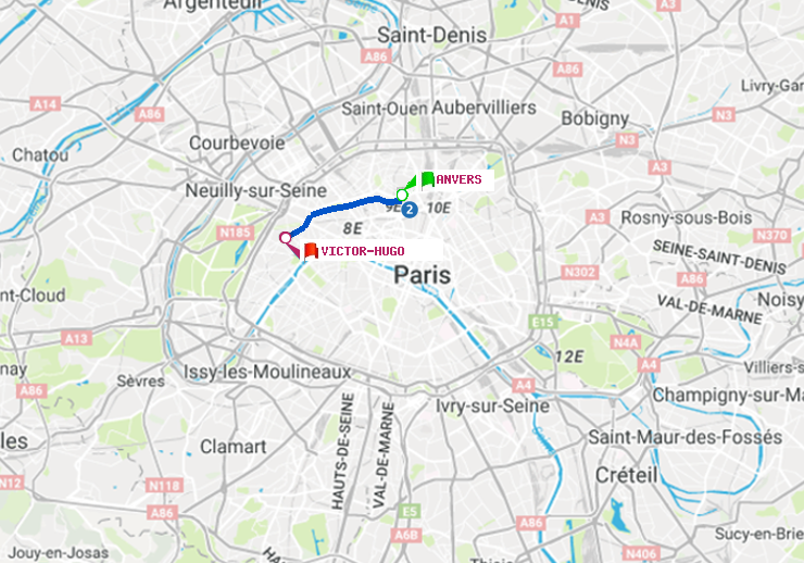 plan itinéraire ratp de Anvers à Victor Hugo