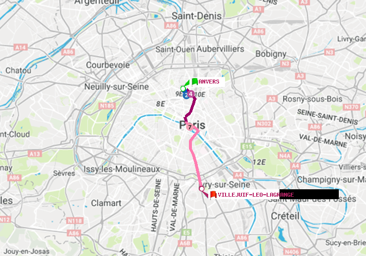 plan itinéraire ratp de Anvers à Villejuif-Léo Lagrange
