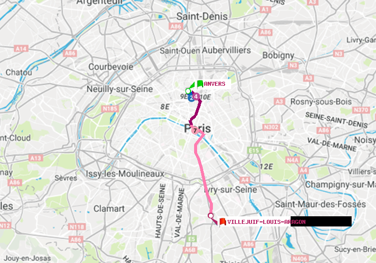 plan itinéraire ratp de Anvers à Villejuif-Louis Aragon