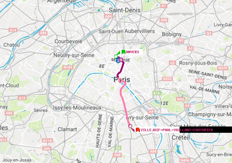 plan itinéraire ratp de Anvers à Villejuif-Paul Vaillant Couturier (Hôpital Paul Brousse)