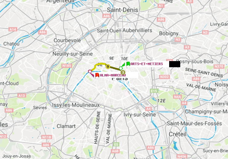 plan itinéraire ratp de Arts-et-Métiers à Alma-Marceau