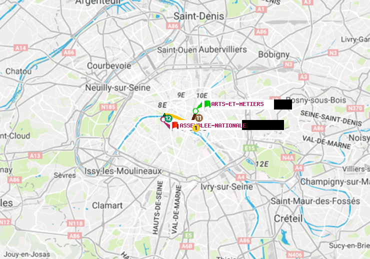 plan itinéraire ratp de Arts-et-Métiers à Assemblée Nationale