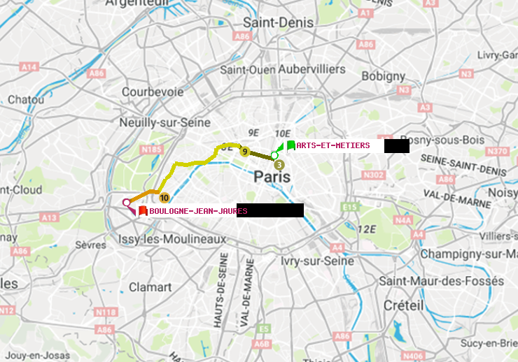 plan itinéraire ratp de Arts-et-Métiers à Boulogne-Jean-Jaurès