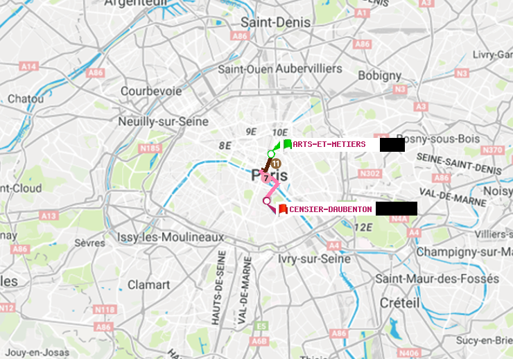 plan itinéraire ratp de Arts-et-Métiers à Censier-Daubenton