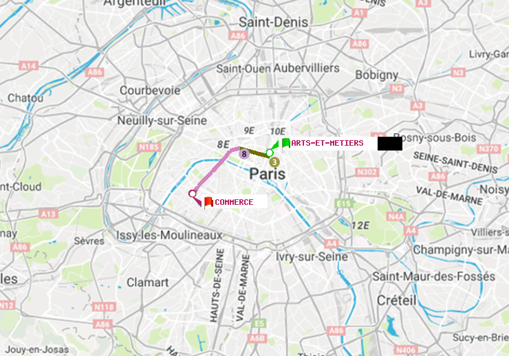 plan itinéraire ratp de Arts-et-Métiers à Commerce