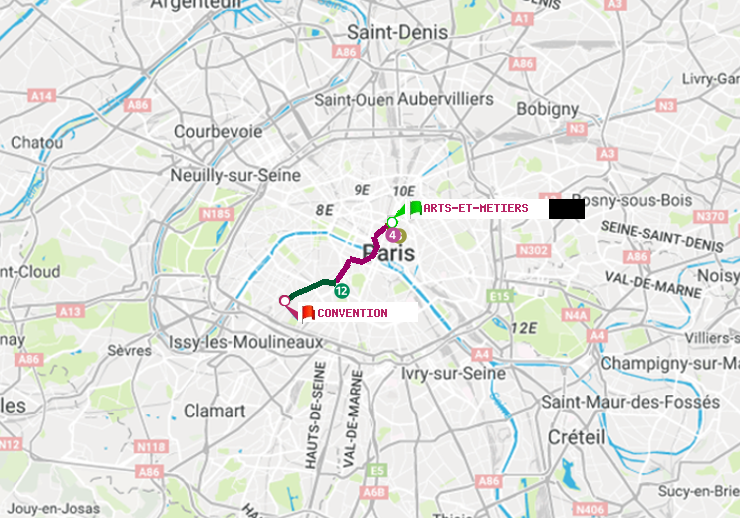 plan itinéraire ratp de Arts-et-Métiers à Convention