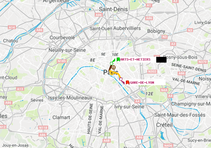 plan itinéraire ratp de Arts-et-Métiers à Gare de Lyon