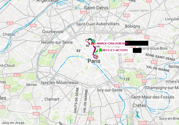 plan itinéraire ratp de Arts-et-Métiers à Lamarck-Caulaincourt