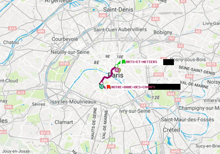 plan itinéraire ratp de Arts-et-Métiers à Notre-Dame des Champs