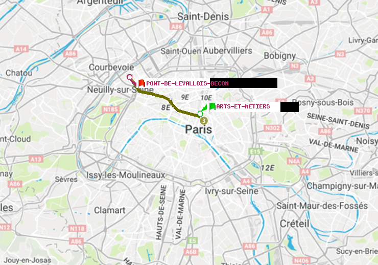 plan itinéraire ratp de Arts-et-Métiers à Pont de Levallois-Bécon