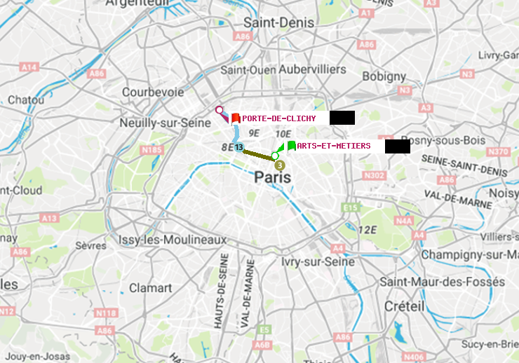 plan itinéraire ratp de Arts-et-Métiers à Porte de Clichy