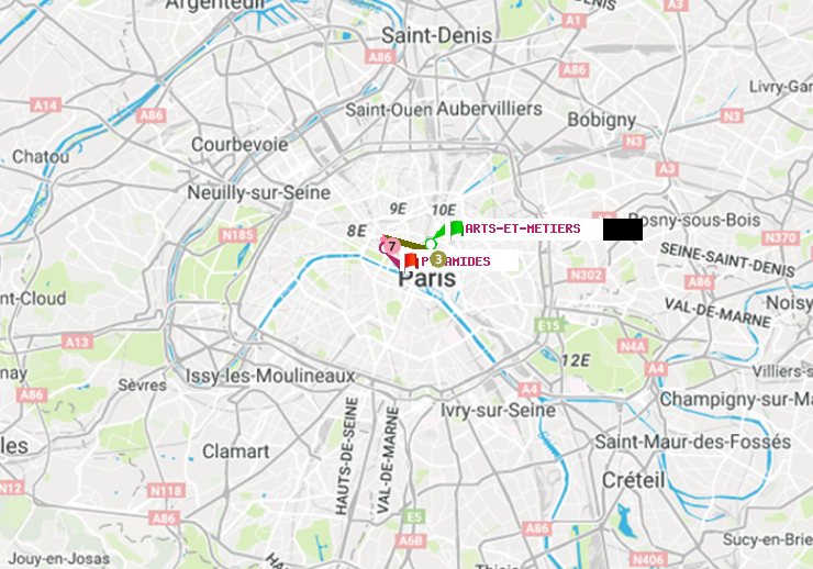 plan itinéraire ratp de Arts-et-Métiers à Pyramides