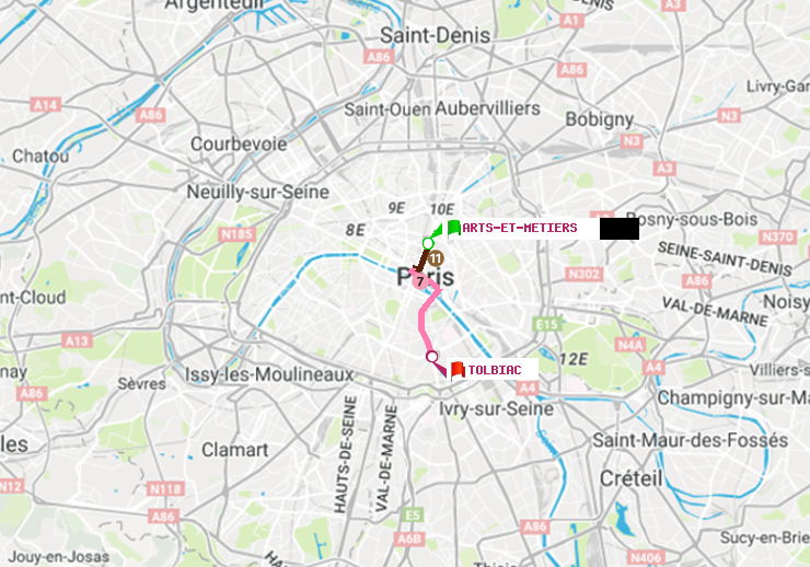 plan itinéraire ratp de Arts-et-Métiers à Tolbiac