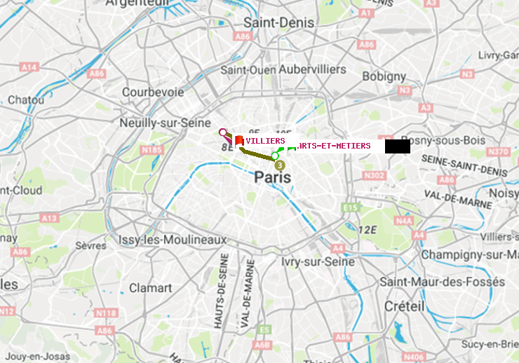 plan itinéraire ratp de Arts-et-Métiers à Villiers