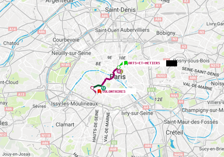 plan itinéraire ratp de Arts-et-Métiers à Volontaires
