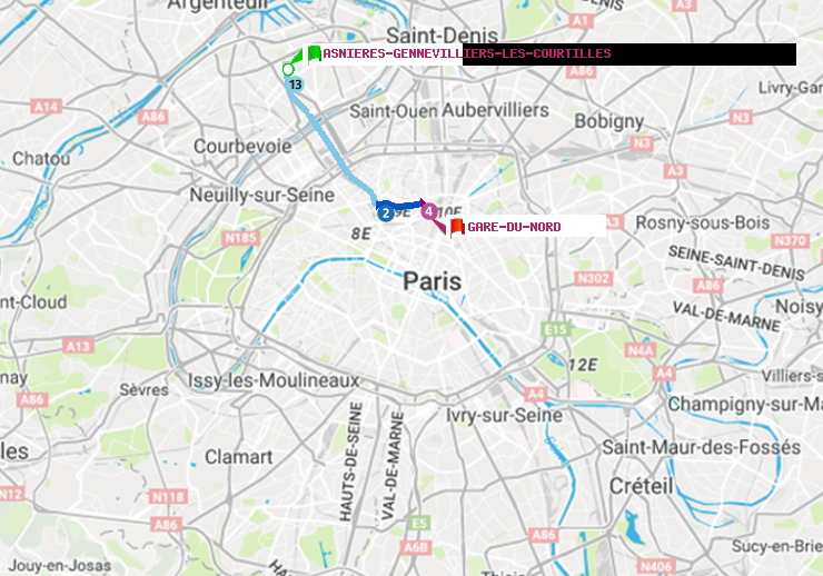 plan itinéraire ratp de Asnieres-Gennevilliers Les Courtilles à Gare du Nord