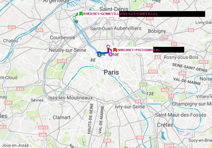 plan itinéraire ratp de Asnieres-Gennevilliers Les Courtilles à Marcadet-Poissonniers