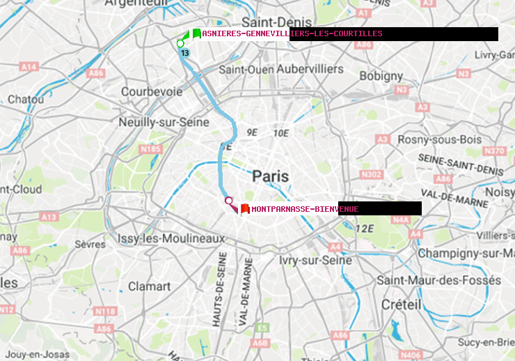 plan itinéraire ratp de Asnieres-Gennevilliers Les Courtilles à Montparnasse-Bienvenue