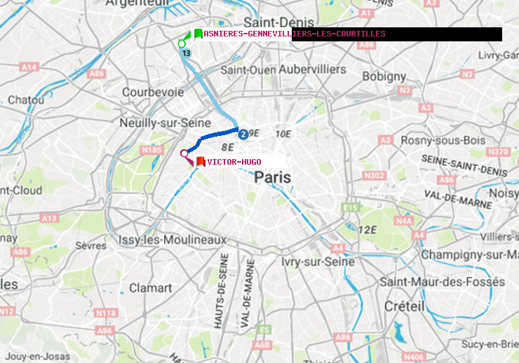 plan itinéraire ratp de Asnieres-Gennevilliers Les Courtilles à Victor Hugo