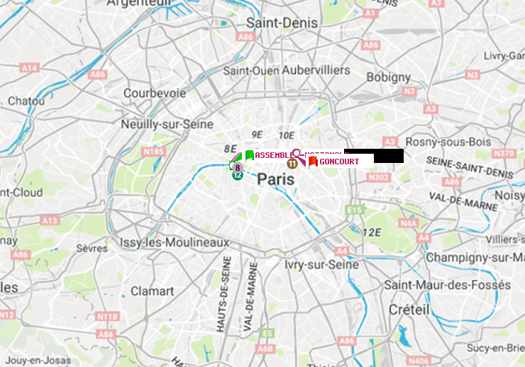 plan itinéraire ratp de Assemblée Nationale à Goncourt (Hôpital Saint-Louis)