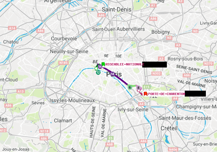 plan itinéraire ratp de Assemblée Nationale à Porte de Charenton