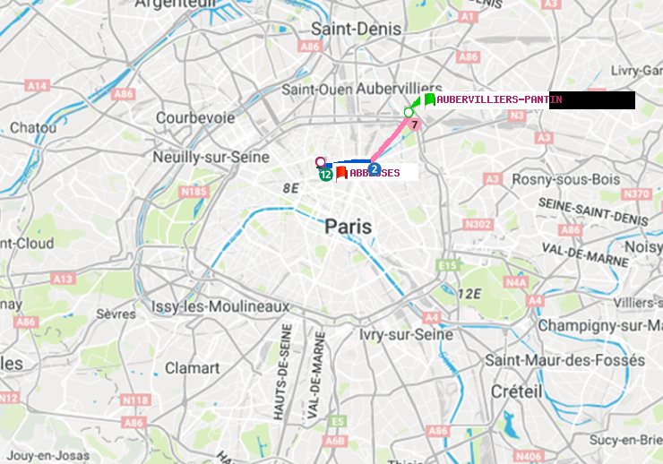 plan itinéraire ratp de Aubervilliers Pantin (4 Chemins) à Abbesses