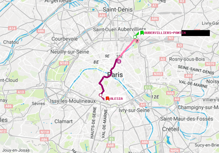 plan itinéraire ratp de Aubervilliers Pantin (4 Chemins) à Alésia