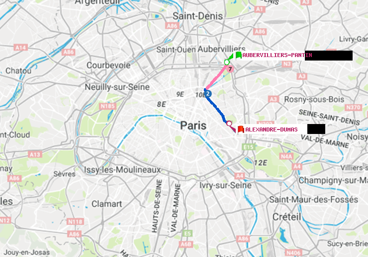 plan itinéraire ratp de Aubervilliers Pantin (4 Chemins) à Alexandre-Dumas