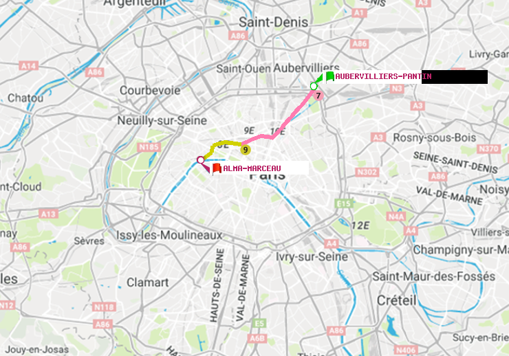 plan itinéraire ratp de Aubervilliers Pantin (4 Chemins) à Alma-Marceau
