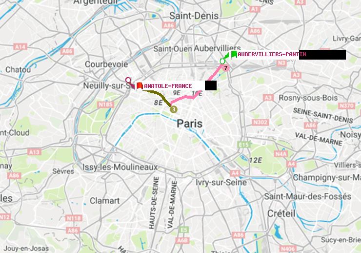 plan itinéraire ratp de Aubervilliers Pantin (4 Chemins) à Anatole-France