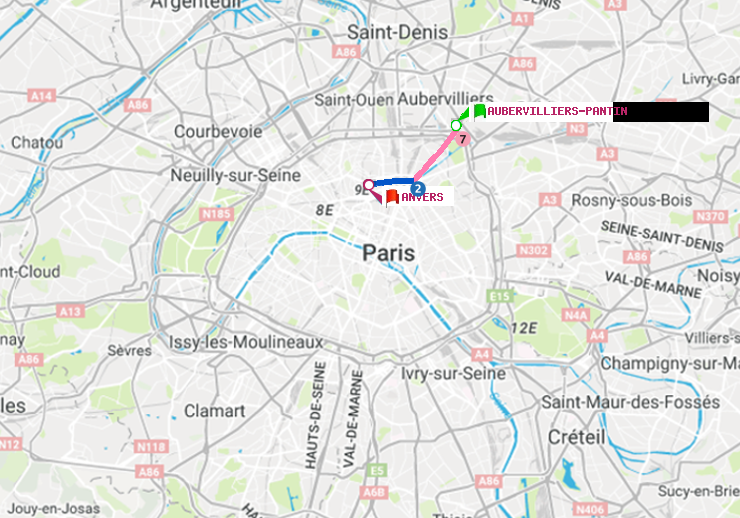 plan itinéraire ratp de Aubervilliers Pantin (4 Chemins) à Anvers