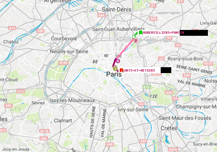 plan itinéraire ratp de Aubervilliers Pantin (4 Chemins) à Arts-et-Métiers