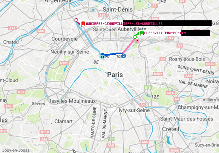 plan itinéraire ratp de Aubervilliers Pantin (4 Chemins) à Asnieres-Gennevilliers Les Courtilles